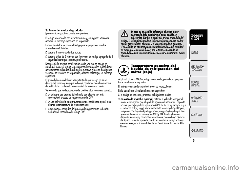 Alfa Romeo MiTo 2014 Manual del propietario (in Spanish) 2. Aceite del motor degradado
(para versiones/países, donde esté previsto)
El testigo se enciende con luz intermitente y, en algunas versiones,
aparece un mensaje específico en la pantalla.
En func Alfa Romeo MiTo 2014 Manual del propietario (in Spanish) 2. Aceite del motor degradado
(para versiones/países, donde esté previsto)
El testigo se enciende con luz intermitente y, en algunas versiones,
aparece un mensaje específico en la pantalla.
En func