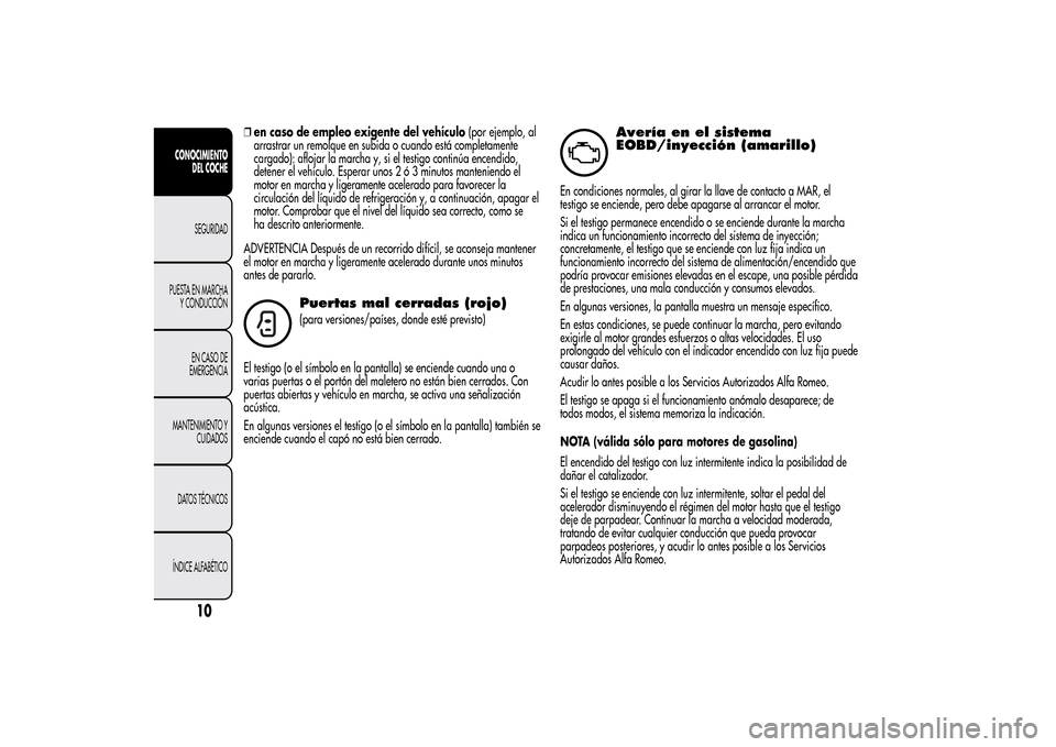 Alfa Romeo MiTo 2014 Manual del propietario (in Spanish) ❒en caso de empleo exigente del vehículo(por ejemplo, al
arrastrar un remolque en subida o cuando está completamente
cargado): aflojar la marcha y, si el testigo continúa encendido,
detener el ve Alfa Romeo MiTo 2014 Manual del propietario (in Spanish) ❒en caso de empleo exigente del vehículo(por ejemplo, al
arrastrar un remolque en subida o cuando está completamente
cargado): aflojar la marcha y, si el testigo continúa encendido,
detener el ve