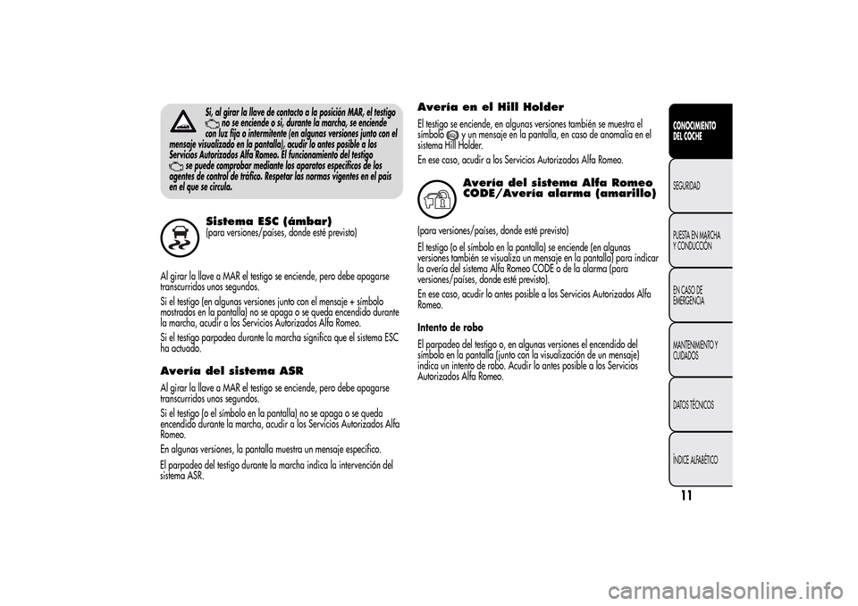 Alfa Romeo MiTo 2014 Manual del propietario (in Spanish) Si, al girar la llave de contacto a la posición MAR, el testigo
no se enciende o si, durante la marcha, se enciende
con luz fija o intermitente (en algunas versiones junto con el
mensaje visualizado Alfa Romeo MiTo 2014 Manual del propietario (in Spanish) Si, al girar la llave de contacto a la posición MAR, el testigo
no se enciende o si, durante la marcha, se enciende
con luz fija o intermitente (en algunas versiones junto con el
mensaje visualizado