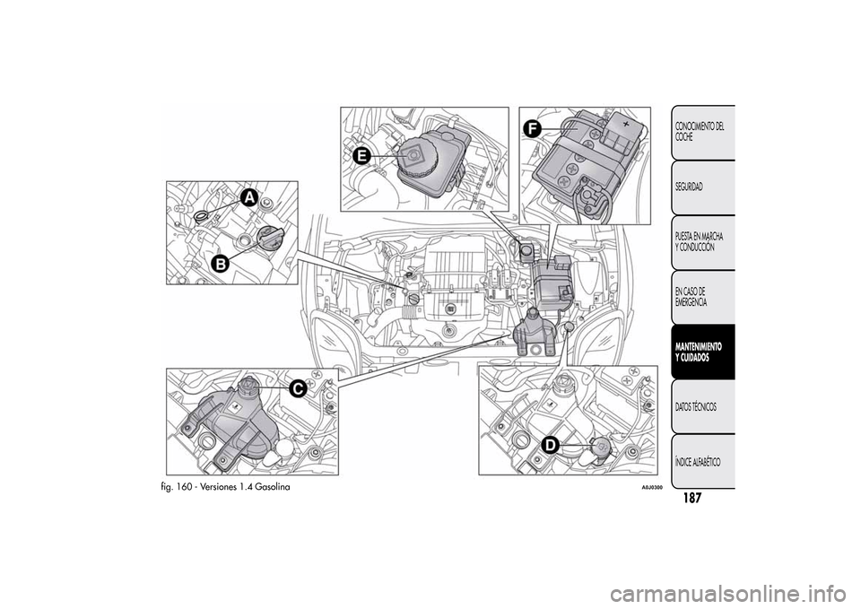 Alfa Romeo MiTo 2014  Manual del propietario (in Spanish) fig. 160 - Versiones 1.4 Gasolina
A0J0300
187CONOCIMIENTO DEL
COCHE
SEGURIDAD
PUESTA EN MARCHA
Y CONDUCCIÓN
EN CASO DE
EMERGENCIAMANTENIMIENTO
Y CUIDADOSDATOS TÉCNICOS
ÍNDICE ALFABÉTICO 