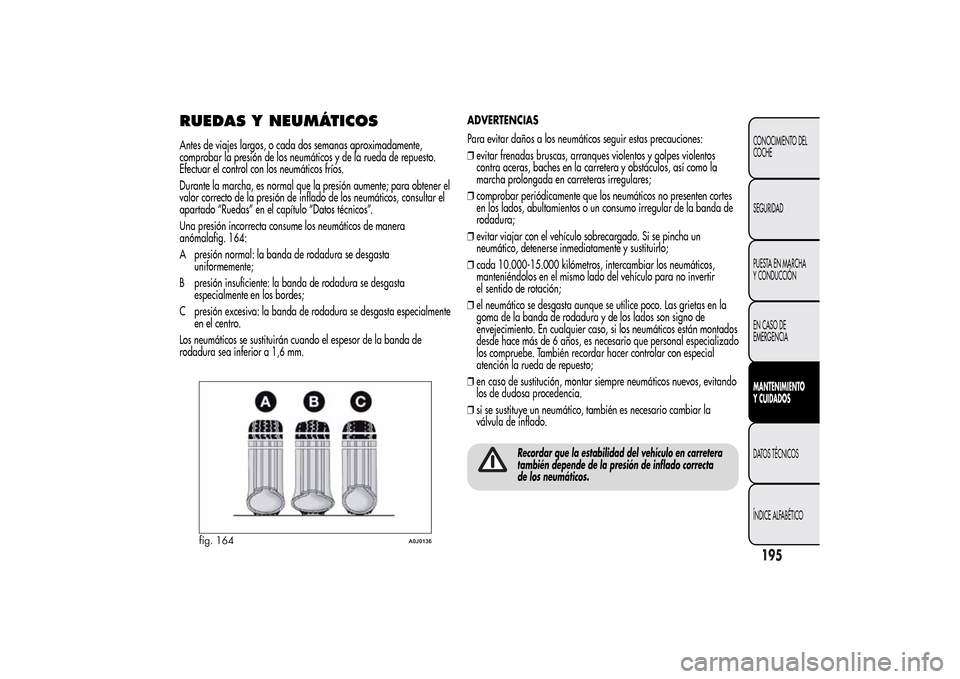 Alfa Romeo MiTo 2014  Manual del propietario (in Spanish) RUEDAS Y NEUMÁTICOSAntes de viajes largos, o cada dos semanas aproximadamente,
comprobar la presión de los neumáticos y de la rueda de repuesto.
Efectuar el control con los neumáticos fríos.
Dura