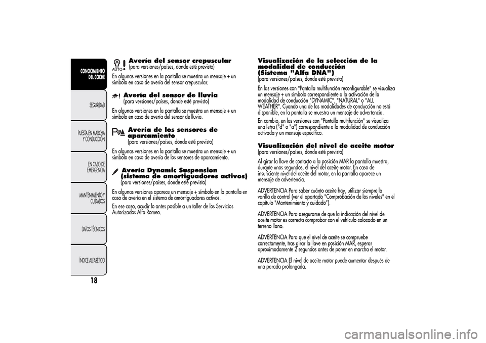 Alfa Romeo MiTo 2014 Manual del propietario (in Spanish) Avería del sensor crepuscular(para versiones/países, donde esté previsto)
En algunas versiones en la pantalla se muestra un mensaje + un
símbolo en caso de avería del sensor crepuscular.Avería d Alfa Romeo MiTo 2014 Manual del propietario (in Spanish) Avería del sensor crepuscular(para versiones/países, donde esté previsto)
En algunas versiones en la pantalla se muestra un mensaje + un
símbolo en caso de avería del sensor crepuscular.Avería d
