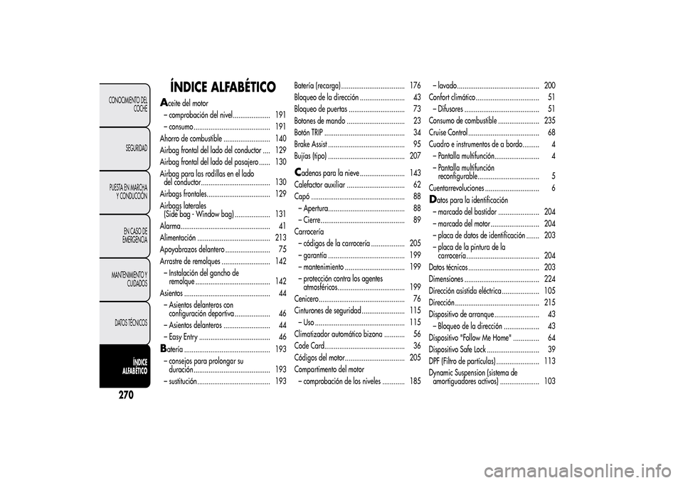 Alfa Romeo MiTo 2014  Manual del propietario (in Spanish) ÍNDICE ALFABÉTICO
A
ceite del motor
– comprobación del nivel.................... 191
– consumo ......................................... 191
Ahorro de combustible ......................... 140
