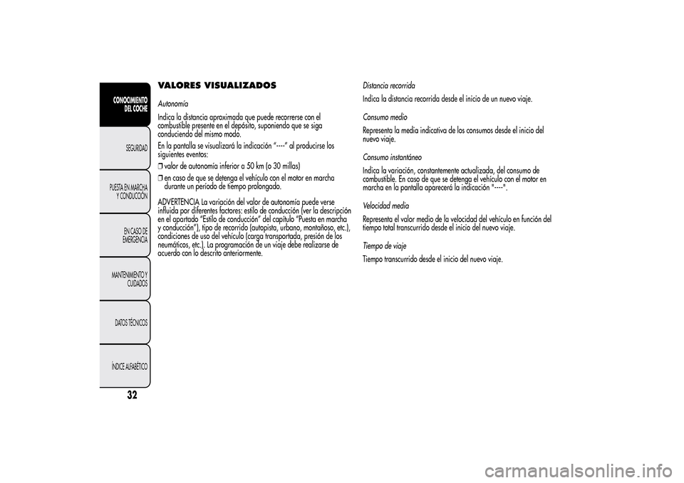 Alfa Romeo MiTo 2014  Manual del propietario (in Spanish) VALORES VISUALIZADOSAutonomía
Indica la distancia aproximada que puede recorrerse con el
combustible presente en el depósito, suponiendo que se siga
conduciendo del mismo modo.
En la pantalla se vis