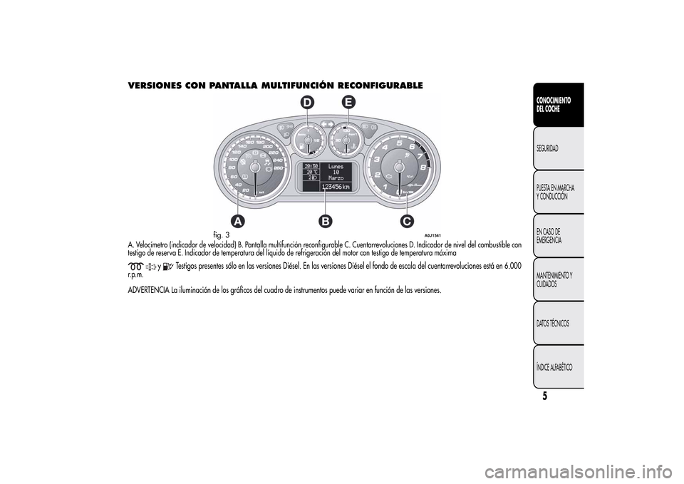 Alfa Romeo MiTo 2014  Manual del propietario (in Spanish) VERSIONES CON PANTALLA MULTIFUNCIÓN RECONFIGURABLEA. Velocímetro (indicador de velocidad) B. Pantalla multifunción reconfigurable C. Cuentarrevoluciones D. Indicador de nivel del combustible con
te