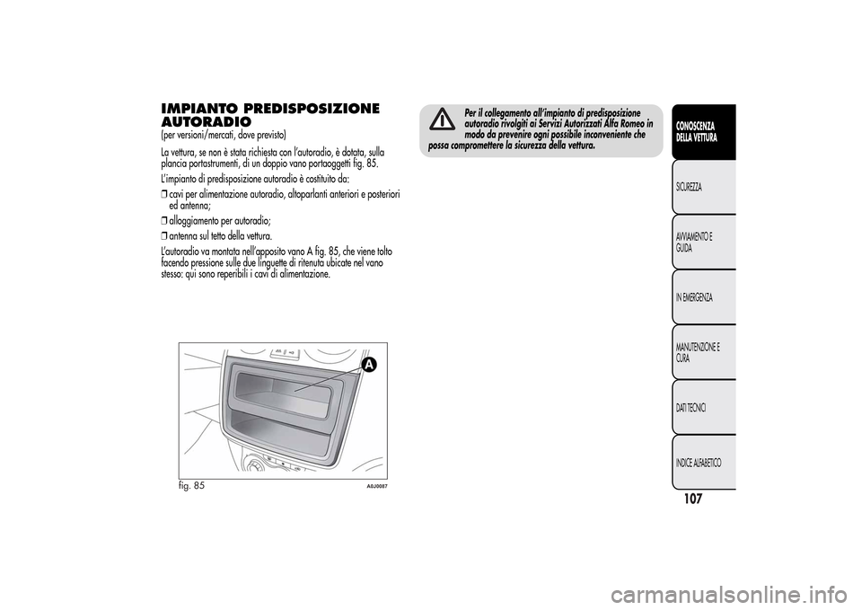 Alfa Romeo MiTo 2014  Manuale del proprietario (in Italian) IMPIANTO PREDISPOSIZIONE
AUTORADIO(per versioni/mercati, dove previsto)
La vettura, se non è stata richiesta con l’autoradio, è dotata, sulla
plancia portastrumenti, di un doppio vano portaoggetti