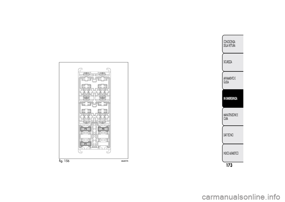 Alfa Romeo MiTo 2014  Manuale del proprietario (in Italian) fig. 156
A0J0175
173CONOSCENZA
DELLA VETTURA
SICUREZZA
AVVIAMENTO E
GUIDAIN EMERGENZAMANUTENZIONE E
CURA
DATI TECNICI
INDICE ALFABETICO 