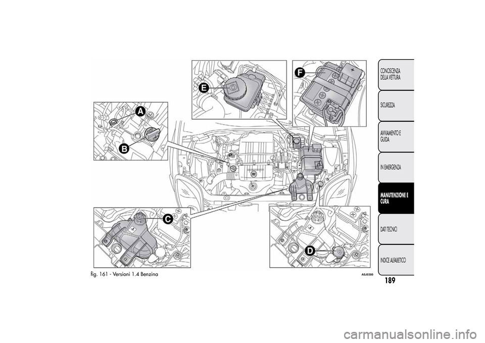 Alfa Romeo MiTo 2014  Manuale del proprietario (in Italian) fig. 161 - Versioni 1.4 Benzina
A0J0300
189CONOSCENZA
DELLA VETTURA
SICUREZZA
AVVIAMENTO E
GUIDA
IN EMERGENZAMANUTENZIONE E
CURADATI TECNICI
INDICE ALFABETICO 