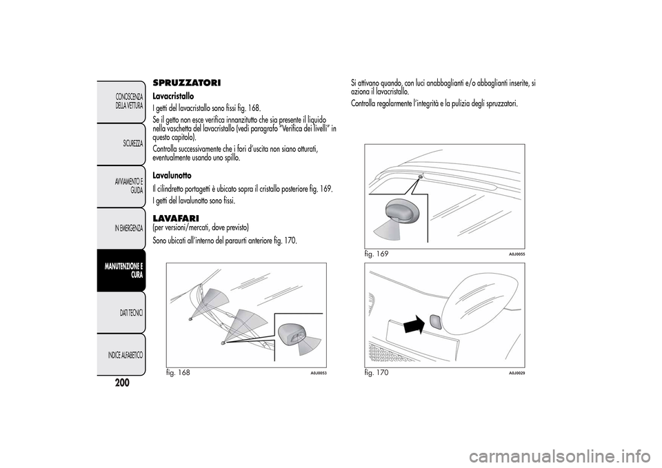 Alfa Romeo MiTo 2014  Manuale del proprietario (in Italian) SPRUZZATORILavacristallo
I getti del lavacristallo sono fissi fig. 168.
Se il getto non esce verifica innanzitutto che sia presente il liquido
nella vaschetta del lavacristallo (vedi paragrafo “Veri