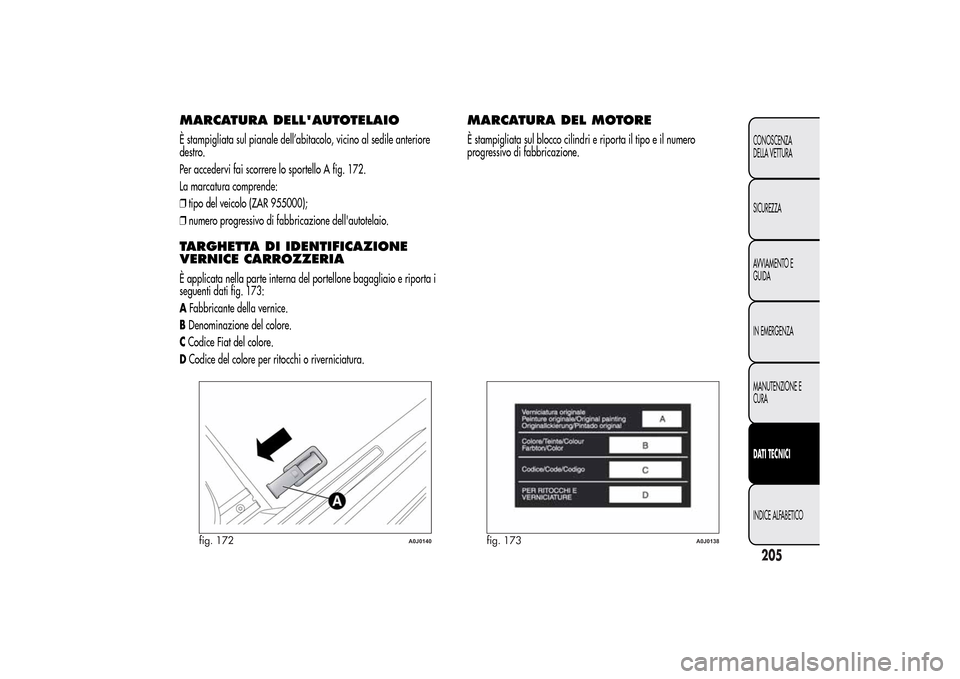 Alfa Romeo MiTo 2014  Manuale del proprietario (in Italian) MARCATURA DELLAUTOTELAIOÈ stampigliata sul pianale dell’abitacolo, vicino al sedile anteriore
destro.
Per accedervi fai scorrere lo sportello A fig. 172.
La marcatura comprende:
❒tipo del veicol