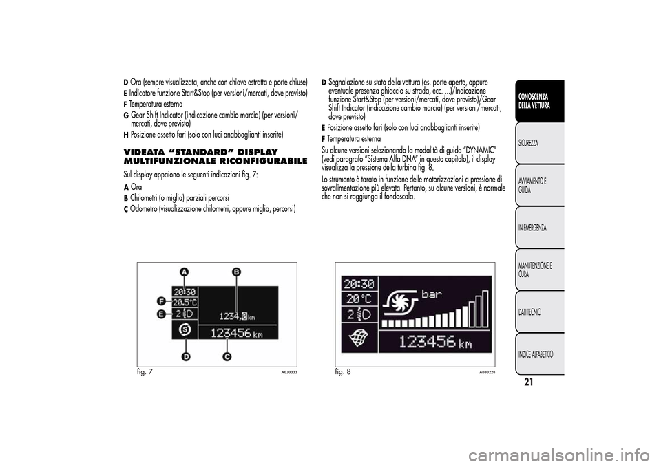 Alfa Romeo MiTo 2014 Manuale del proprietario (in Italian) DOra (sempre visualizzata, anche con chiave estratta e porte chiuse)EIndicatore funzione Start&Stop (per versioni/mercati, dove previsto)FTemperatura esternaGGear Shift Indicator (indicazione cambio m Alfa Romeo MiTo 2014 Manuale del proprietario (in Italian) DOra (sempre visualizzata, anche con chiave estratta e porte chiuse)EIndicatore funzione Start&Stop (per versioni/mercati, dove previsto)FTemperatura esternaGGear Shift Indicator (indicazione cambio m