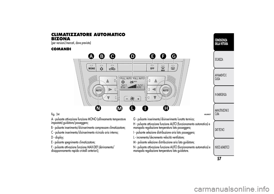 Alfa Romeo MiTo 2014 Manuale del proprietario (in Italian) CLIMATIZZATORE AUTOMATICO
BIZONA(per versioni/mercati, dove previsto)COMANDIA - pulsante attivazione funzione MONO (allineamento temperature
impostate) guidatore/passeggero;
B - pulsante inserimento/d Alfa Romeo MiTo 2014 Manuale del proprietario (in Italian) CLIMATIZZATORE AUTOMATICO
BIZONA(per versioni/mercati, dove previsto)COMANDIA - pulsante attivazione funzione MONO (allineamento temperature
impostate) guidatore/passeggero;
B - pulsante inserimento/d