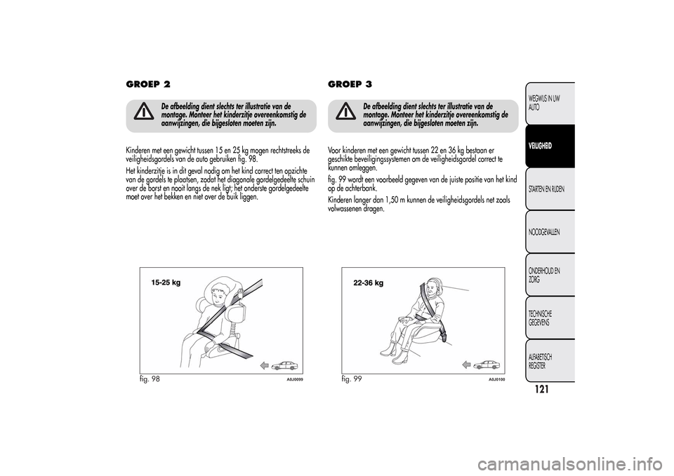 Alfa Romeo MiTo 2014 Handleiding (in Dutch) GROEP 2
De afbeelding dient slechts ter illustratie van de
montage. Monteer het kinderzitje overeenkomstig de
aanwijzingen, die bijgesloten moeten zijn.
Kinderen met een gewicht tussen 15 en 25 kg mog Alfa Romeo MiTo 2014 Handleiding (in Dutch) GROEP 2
De afbeelding dient slechts ter illustratie van de
montage. Monteer het kinderzitje overeenkomstig de
aanwijzingen, die bijgesloten moeten zijn.
Kinderen met een gewicht tussen 15 en 25 kg mog