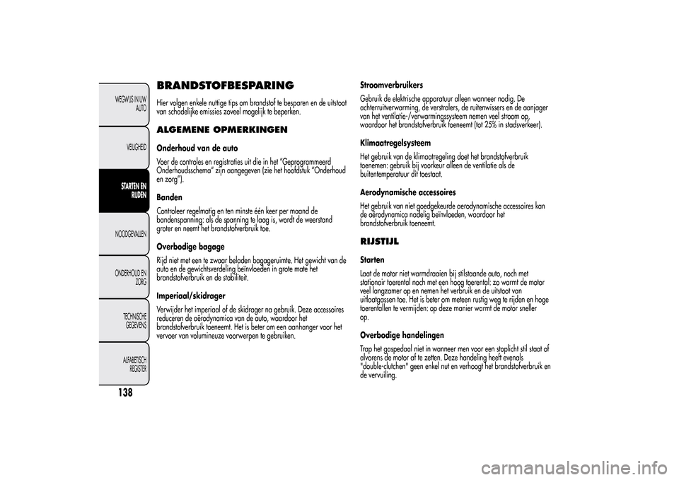 Alfa Romeo MiTo 2014 Handleiding (in Dutch) BRANDSTOFBESPARINGHier volgen enkele nuttige tips om brandstof te besparen en de uitstoot
van schadelijke emissies zoveel mogelijk te beperken.ALGEMENE OPMERKINGENOnderhoud van de auto
Voer de control Alfa Romeo MiTo 2014 Handleiding (in Dutch) BRANDSTOFBESPARINGHier volgen enkele nuttige tips om brandstof te besparen en de uitstoot
van schadelijke emissies zoveel mogelijk te beperken.ALGEMENE OPMERKINGENOnderhoud van de auto
Voer de control