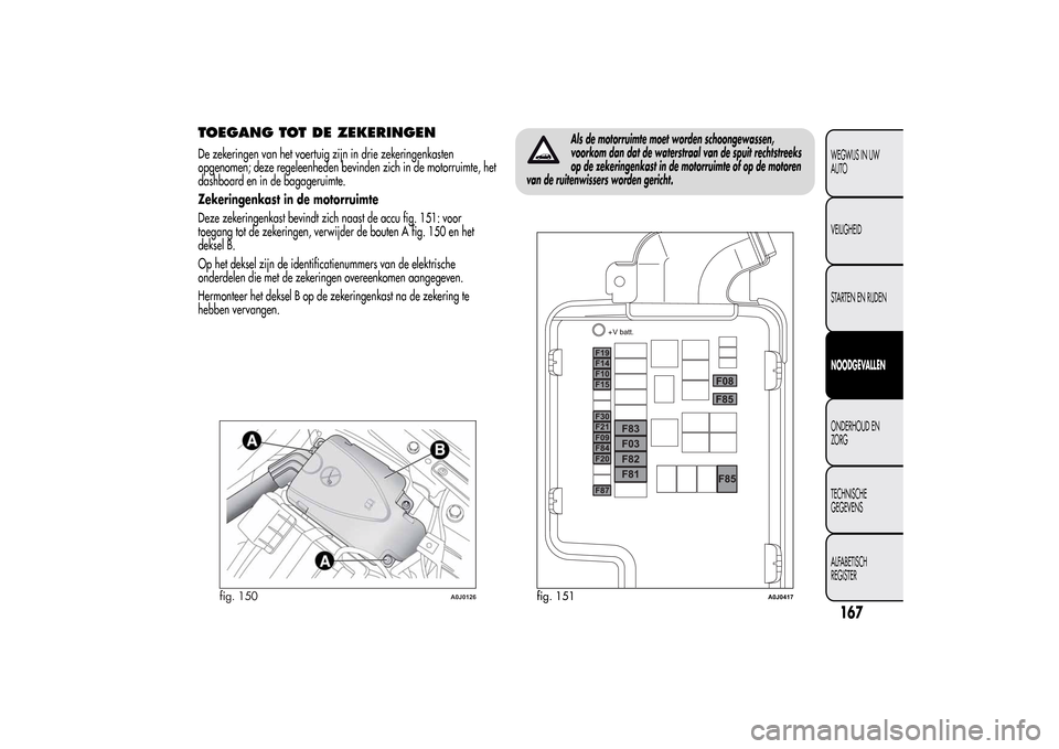 Alfa Romeo MiTo 2014  Handleiding (in Dutch) TOEGANG TOT DE ZEKERINGENDe zekeringen van het voertuig zijn in drie zekeringenkasten
opgenomen; deze regeleenheden bevinden zich in de motorruimte, het
dashboard en in de bagageruimte.
Zekeringenkast
