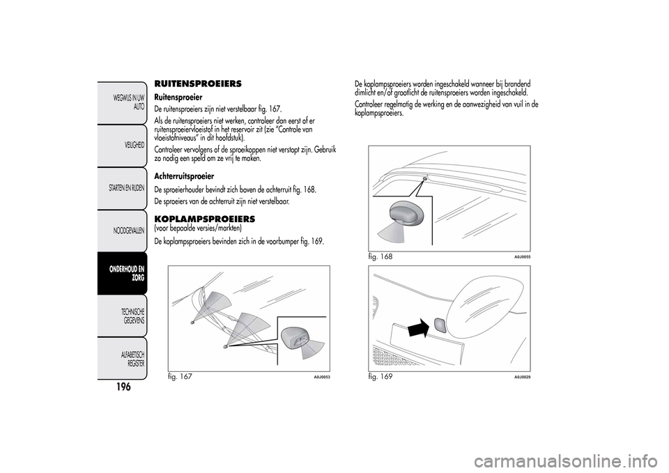 Alfa Romeo MiTo 2014  Handleiding (in Dutch) RUITENSPROEIERSRuitensproeier
De ruitensproeiers zijn niet verstelbaar fig. 167.
Als de ruitensproeiers niet werken, controleer dan eerst of er
ruitensproeiervloeistof in het reservoir zit (zie “Con