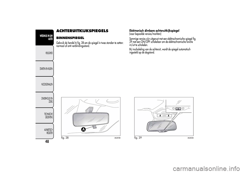 Alfa Romeo MiTo 2014  Handleiding (in Dutch) ACHTERUITKIJKSPIEGELSBINNENSPIEGELGebruik de hendel A fig. 28 om de spiegel in twee standen te zetten:
normaal of anti-verblindingsstand.Elektronisch dimbare achteruitkijkspiegel
(voor bepaalde versie