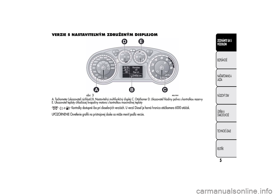 Alfa Romeo MiTo 2014  Užívateľská príručka (in Slovak) VERZIE S NASTAVITEĽNÝM ZDRUŽENÝM DISPLEJOMA. Tachometer (ukazovateľ rýchlosti) B. Nastaviteľný multifunkčný displej C. Otáčkomer D. Ukazovateľ hladiny paliva s kontrolkou rezervy
E. Ukazo