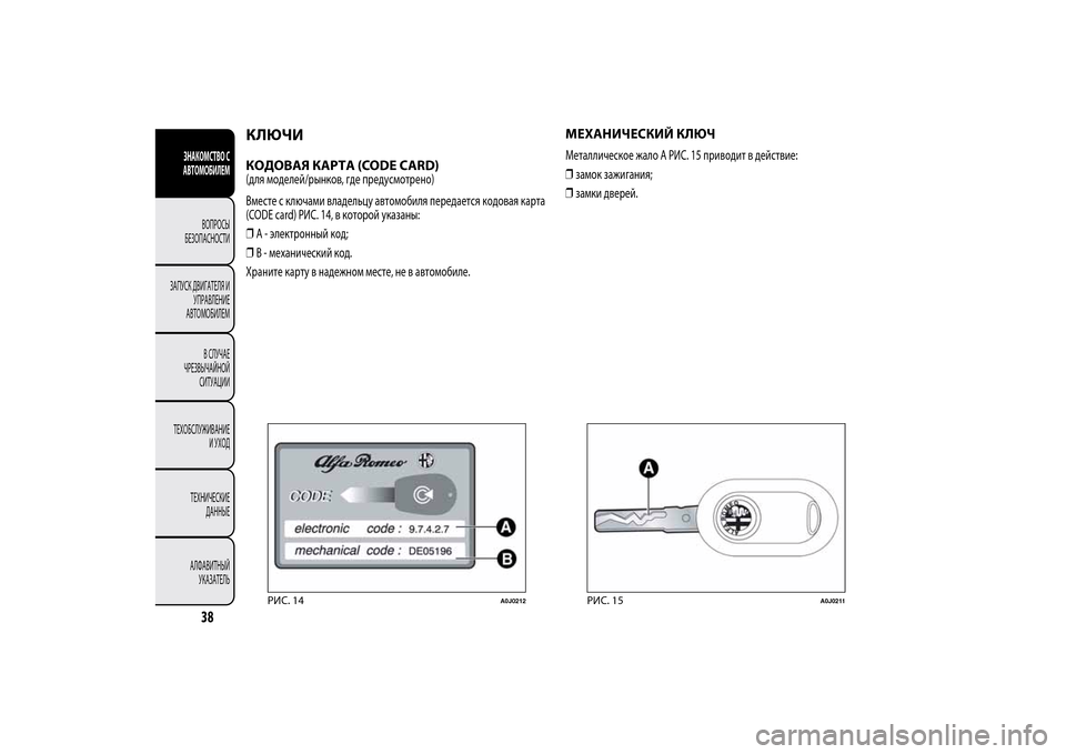 Alfa Romeo MiTo 2014  Инструкция по эксплуатации (in Russian) КЛЮЧИКОДОВАЯ КАРТА (CODE CARD)(для моделей/рынков, где предусмотрено)
Вместе с ключами владельцу автомобиля перед
