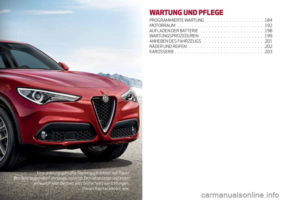 Alfa Romeo Stelvio 2019  Betriebsanleitung (in German) Eine ordnungsgemäße Wartung garantiert auf Dauer
Bestleistungen des Fahrzeugs, niedrige Betriebskosten und einen
einwandfreien Betrieb aller Sicherheitsvorrichtungen.
Dieses Kapitel erklärt, wie.
W