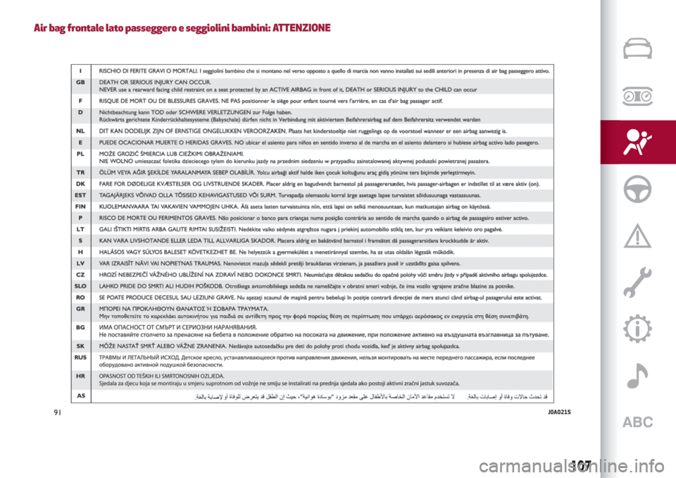 Alfa Romeo Stelvio 2019  Manuale del proprietario (in Italian) Air bag frontale lato passeggero e seggiolini bambini: ATTENZIONE
91J0A0215
107 