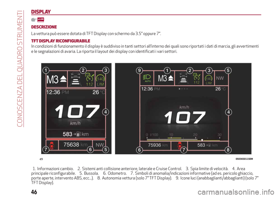 Alfa Romeo Stelvio 2019  Manuale del proprietario (in Italian) DISPLAY
DESCRIZIONE
La vettura può essere dotata di TFT Display con schermo da 3.5” oppure 7”.
TFT DISPLAY RICONFIGURABILE
In condizioni di funzionamento il display è suddiviso in tanti settori 