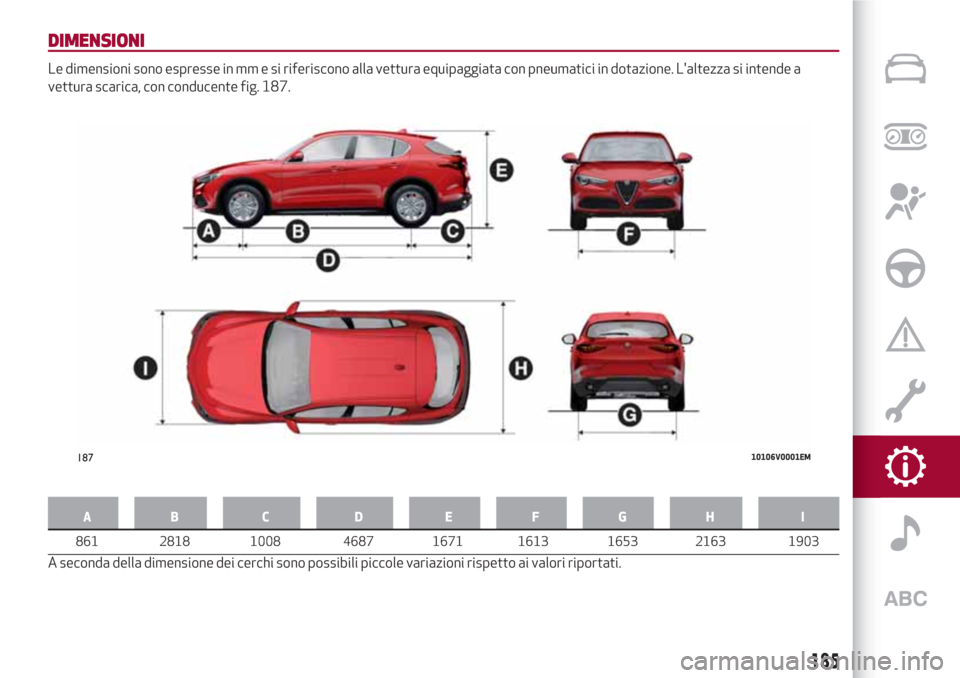 Alfa Romeo Stelvio 2017  Manuale del proprietario (in Italian) DIMENSIONI
Le dimensioni sono espresse in mm e si riferiscono alla vettura equipaggiata con pneumatici in dotazione. Laltezza si intende a
vettura scarica, con conducente fig. 187.
AB C D EFGH I
8Û