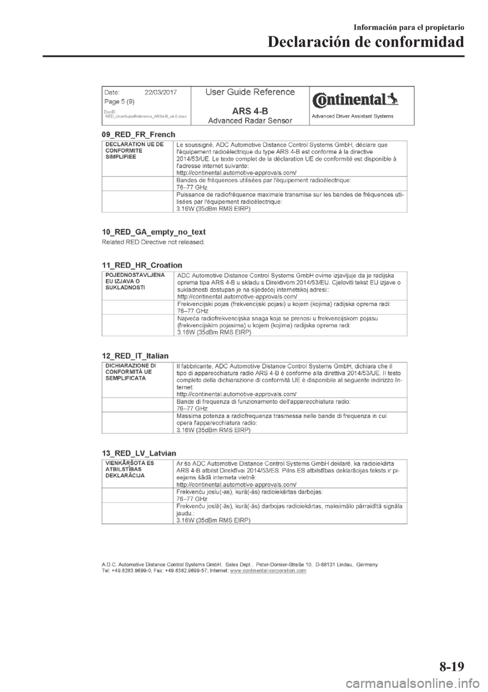 MAZDA MODEL 3 HATCHBACK 2019  Manual del propietario (in Spanish) �,�Q�I�R�U�P�D�F�L�y�Q��S�D�U�D��H�O��S�U�R�S�L�H�W�D�U�L�R
��H�F�O�D�U�D�F�L�y�Q��G�H��F�R�Q�I�R�U�P�L�G�D�G
���� 