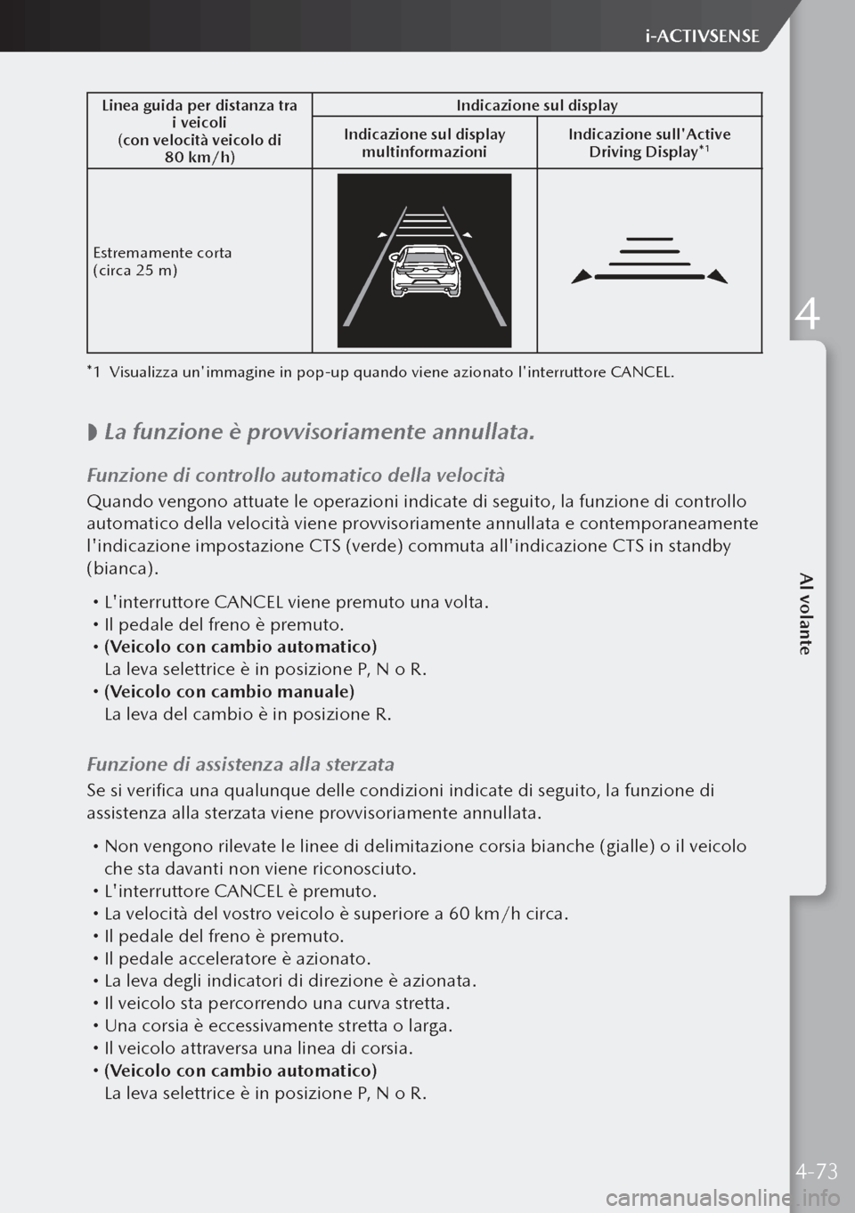 MAZDA MODEL 3 HATCHBACK 2019  Manuale del proprietario (in Italian) Linea guida per distanza tra i veicoli
(con velocità veicolo di  80 km/h) Indicazione sul display
Indicazione sul display  multinformazioni Indicazione sullActive 
Driving Display*
1
Estremamente c