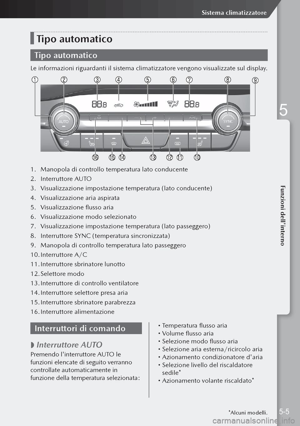 MAZDA MODEL 3 HATCHBACK 2019  Manuale del proprietario (in Italian) Tipo automatico
Tipo automatico
Le informazioni riguardanti il sistema climatizzatore vengono visualizzate sul display.
1. Manopola di controllo temperatura lato conducente
2.  Interruttore AUTO
3.  V