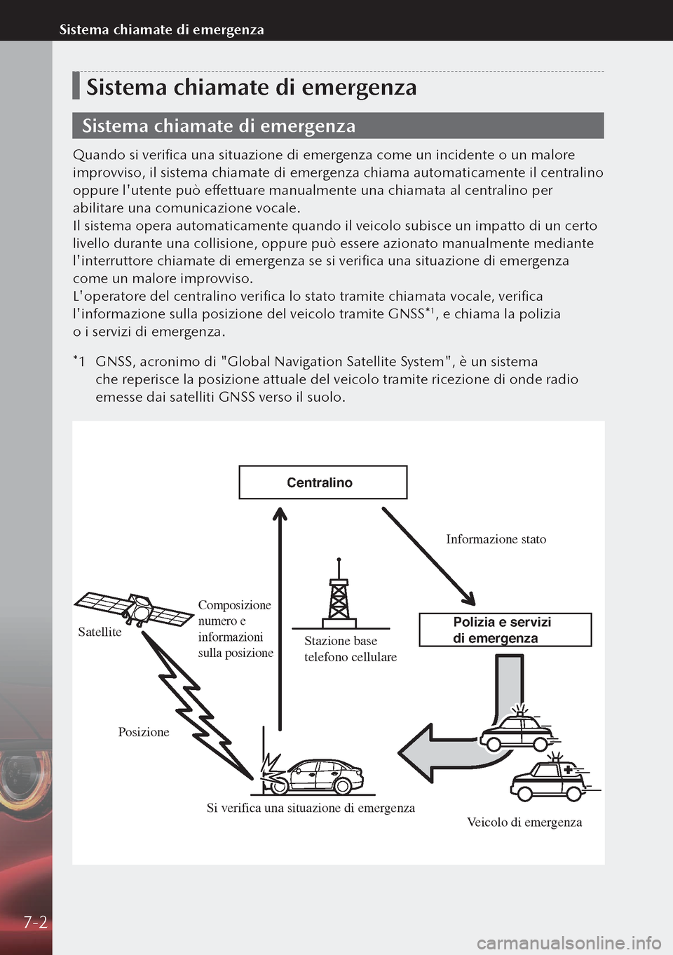 MAZDA MODEL 3 HATCHBACK 2019  Manuale del proprietario (in Italian) Sistema chiamate di emergenza
Sistema chiamate di emergenza
Quando si verifica una situazione di emergenza come un incidente o un malore 
improvviso, il sistema chiamate di emergenza chiama automatica