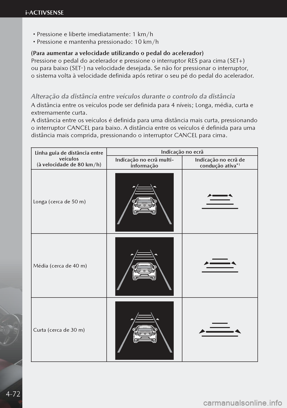 MAZDA MODEL 3 HATCHBACK 2019 Manual do proprietário (in Portuguese) Pressione e liberte imediatamente: 1 km/h Pressione e mantenha pressionado: 10 km/h
(Para aumentar a velocidade utilizando o pedal do acelerador)
Pressione o pedal do acelerador e pressione o i MAZDA MODEL 3 HATCHBACK 2019 Manual do proprietário (in Portuguese) Pressione e liberte imediatamente: 1 km/h Pressione e mantenha pressionado: 10 km/h
(Para aumentar a velocidade utilizando o pedal do acelerador)
Pressione o pedal do acelerador e pressione o i