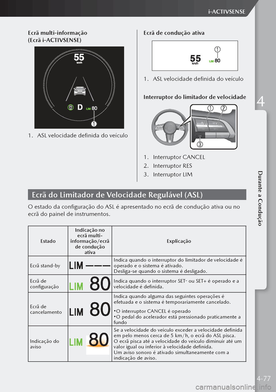 MAZDA MODEL 3 HATCHBACK 2019 Manual do proprietário (in Portuguese) Ecrã multi-informação
(Ecrã i-ACTIVSENSE)
1. ASL velocidade definida do veículo Ecrã de condução ativa
1.
ASL velocidade definida do veículo
Interruptor do limitador de velocidade
1. Inte MAZDA MODEL 3 HATCHBACK 2019 Manual do proprietário (in Portuguese) Ecrã multi-informação
(Ecrã i-ACTIVSENSE)
1. ASL velocidade definida do veículo Ecrã de condução ativa
1.
ASL velocidade definida do veículo
Interruptor do limitador de velocidade
1. Inte