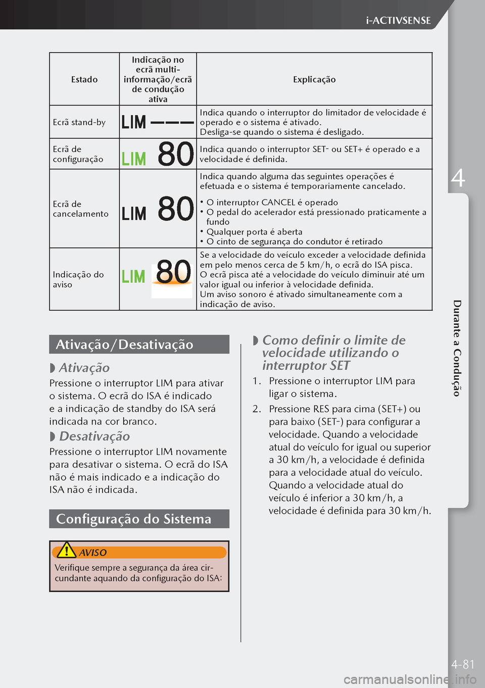 MAZDA MODEL 3 HATCHBACK 2019  Manual do proprietário (in Portuguese) EstadoIndicação no 
ecrã multi-
informação/ecrã  de condução  ativa Explicação
Ecrã stand-by
Indica quando o interruptor do limitador de velocidade é 
operado e o sistema é ativado.
Desli