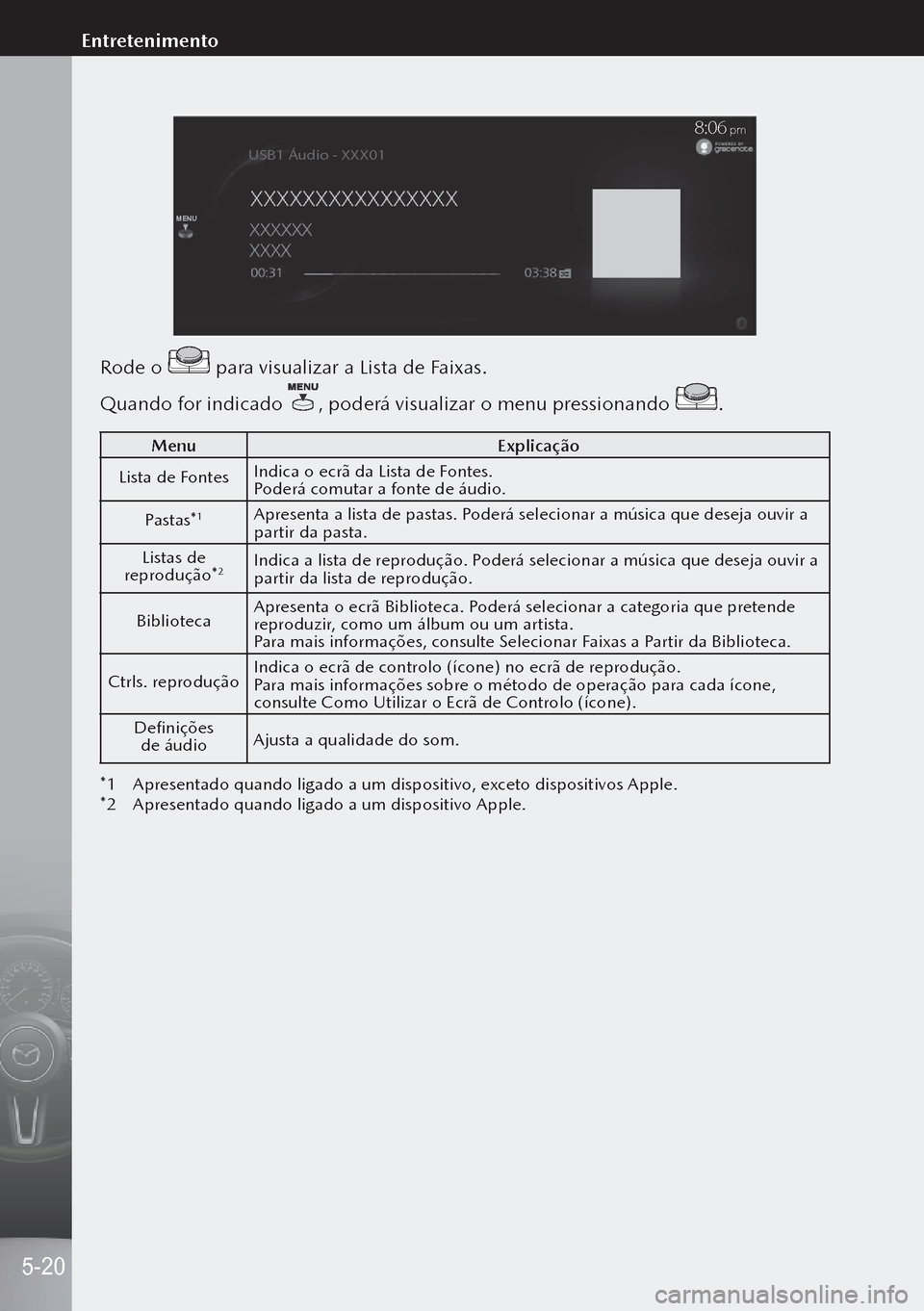 MAZDA MODEL 3 HATCHBACK 2019  Manual do proprietário (in Portuguese) 8:06 pm
MENU
USB1 Áudio - XXX01
Rode o  para visualizar a Lista de Faixas.
Quando for indicado 
, poderá visualizar o menu pressionando .
Menu Explicação
Lista de Fontes Indica o ecrã da Lista de