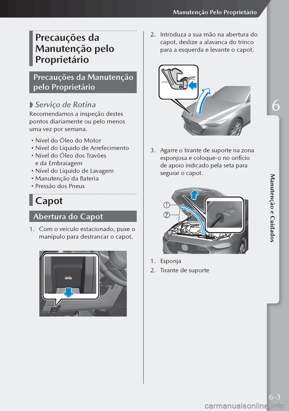 MAZDA MODEL 3 HATCHBACK 2019  Manual do proprietário (in Portuguese) Precauções da 
Manutenção pelo 
Proprietário
Precauções da Manutenção 
pelo Proprietário
 
 Serviço de Rotina
Recomendamos a inspeção destes 
pontos diariamente ou pelo menos 
uma vez p
