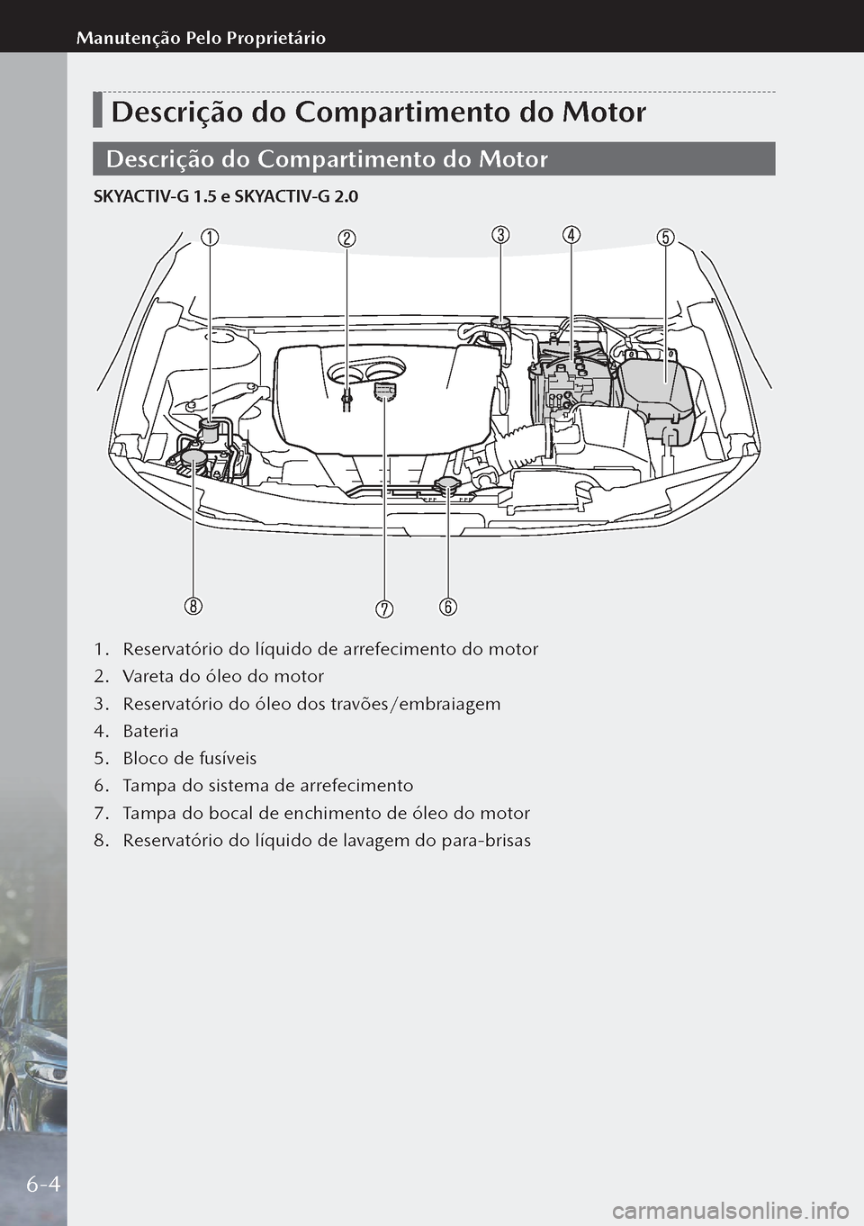 MAZDA MODEL 3 HATCHBACK 2019  Manual do proprietário (in Portuguese) Descrição do Compartimento do Motor
Descrição do Compartimento do Motor
SKYACTIV-G 1.5 e SKYACTIV-G 2.0
1. Reservatório do líquido de arrefecimento do motor
2.  Vareta do óleo do motor
3.  Rese