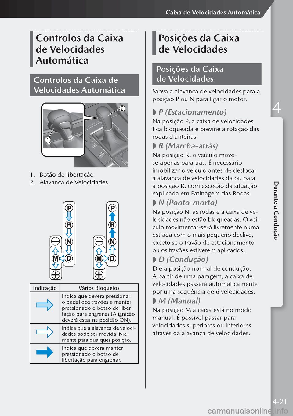 MAZDA MODEL 3 HATCHBACK 2019  Manual do proprietário (in Portuguese) Controlos da Caixa 
de Velocidades 
Automática
Controlos da Caixa de 
Velocidades Automática
1. Botão de libertação
2.  Alavanca de Velocidades
 
Indicação Vários Bloqueios
Indica que deverá 