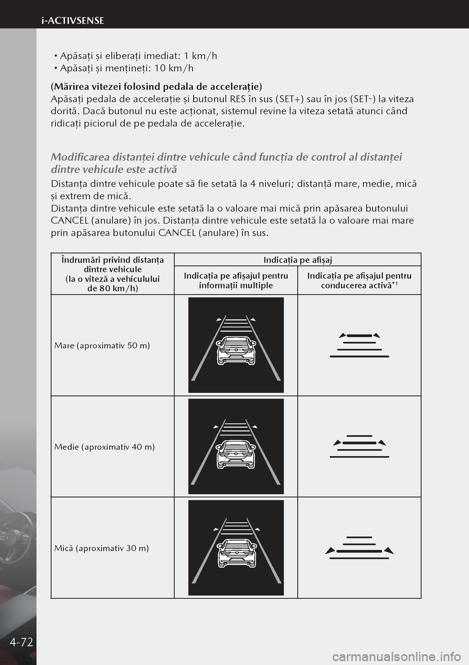 MAZDA MODEL 3 HATCHBACK 2019 Manualul de utilizare (in Romanian) Apăsaţi şi eliberaţi imediat: 1 km/h Apăsaţi şi menţineţi: 10 km/h
(Mărirea vitezei folosind pedala de accelera ție)
Apăsa ţi pedala de accelera ţie şi butonul RES în sus (SET+) MAZDA MODEL 3 HATCHBACK 2019 Manualul de utilizare (in Romanian) Apăsaţi şi eliberaţi imediat: 1 km/h Apăsaţi şi menţineţi: 10 km/h
(Mărirea vitezei folosind pedala de accelera ție)
Apăsa ţi pedala de accelera ţie şi butonul RES în sus (SET+)