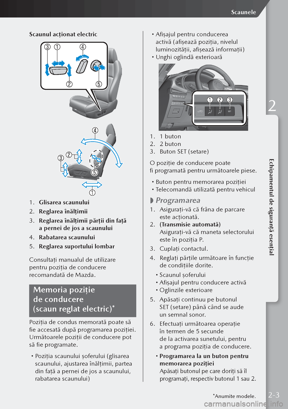 MAZDA MODEL 3 HATCHBACK 2019  Manualul de utilizare (in Romanian) Scaunul acționat electric
1. Glisarea scaunului
2.  Reglarea înălț imii
3.  Reglarea înălțimii părții din față 
a pernei de jos a scaunului
4.  Rabatarea scaunului
5.  Reglarea suportului 