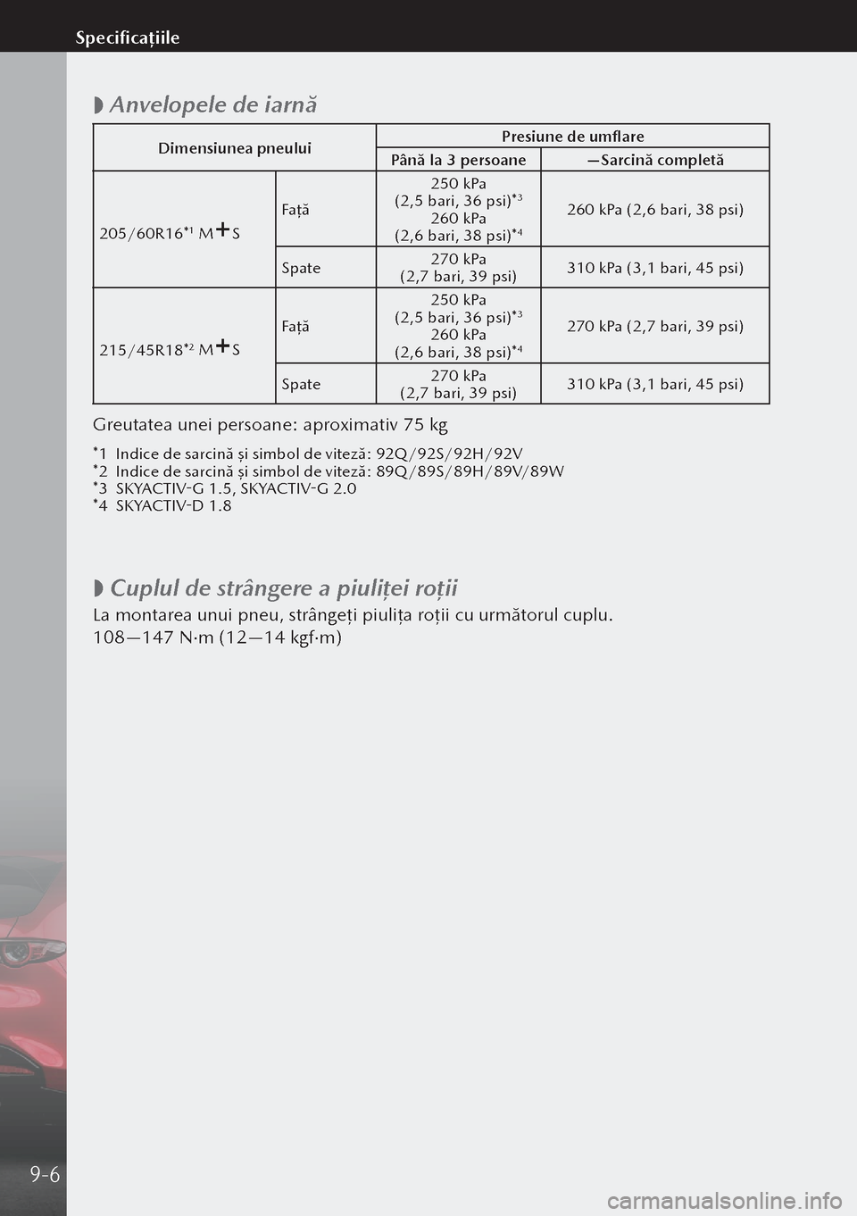 MAZDA MODEL 3 HATCHBACK 2019  Manualul de utilizare (in Romanian)  
 Anvelopele de iarnă
Dimensiunea pneului Presiune de umflare
Până la 3 persoane —Sarcină completă
205/60R16*
1 MS Faţă 250 kPa
 (2,5 bari, 36 psi)*3
260 kPa (2,6 bari, 38 psi)*4
260 kPa (