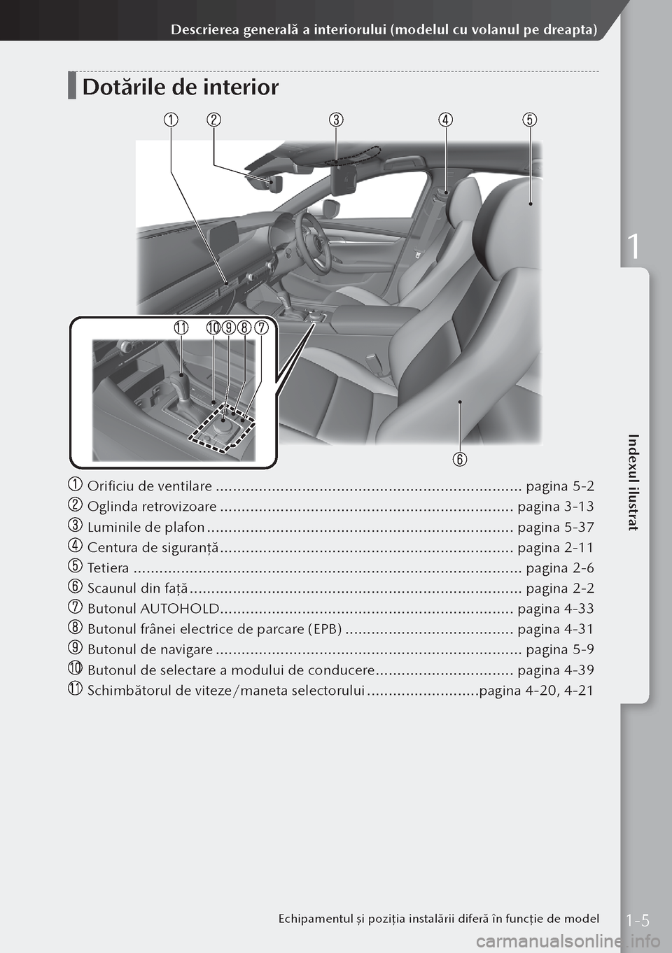 MAZDA MODEL 3 HATCHBACK 2019 Manualul de utilizare (in Romanian) Dotările de interior
Orificiu de ventilare ....................................................................... pagina 5-2
Oglinda retrovizoare .................................................. MAZDA MODEL 3 HATCHBACK 2019 Manualul de utilizare (in Romanian) Dotările de interior
Orificiu de ventilare ....................................................................... pagina 5-2
Oglinda retrovizoare ..................................................