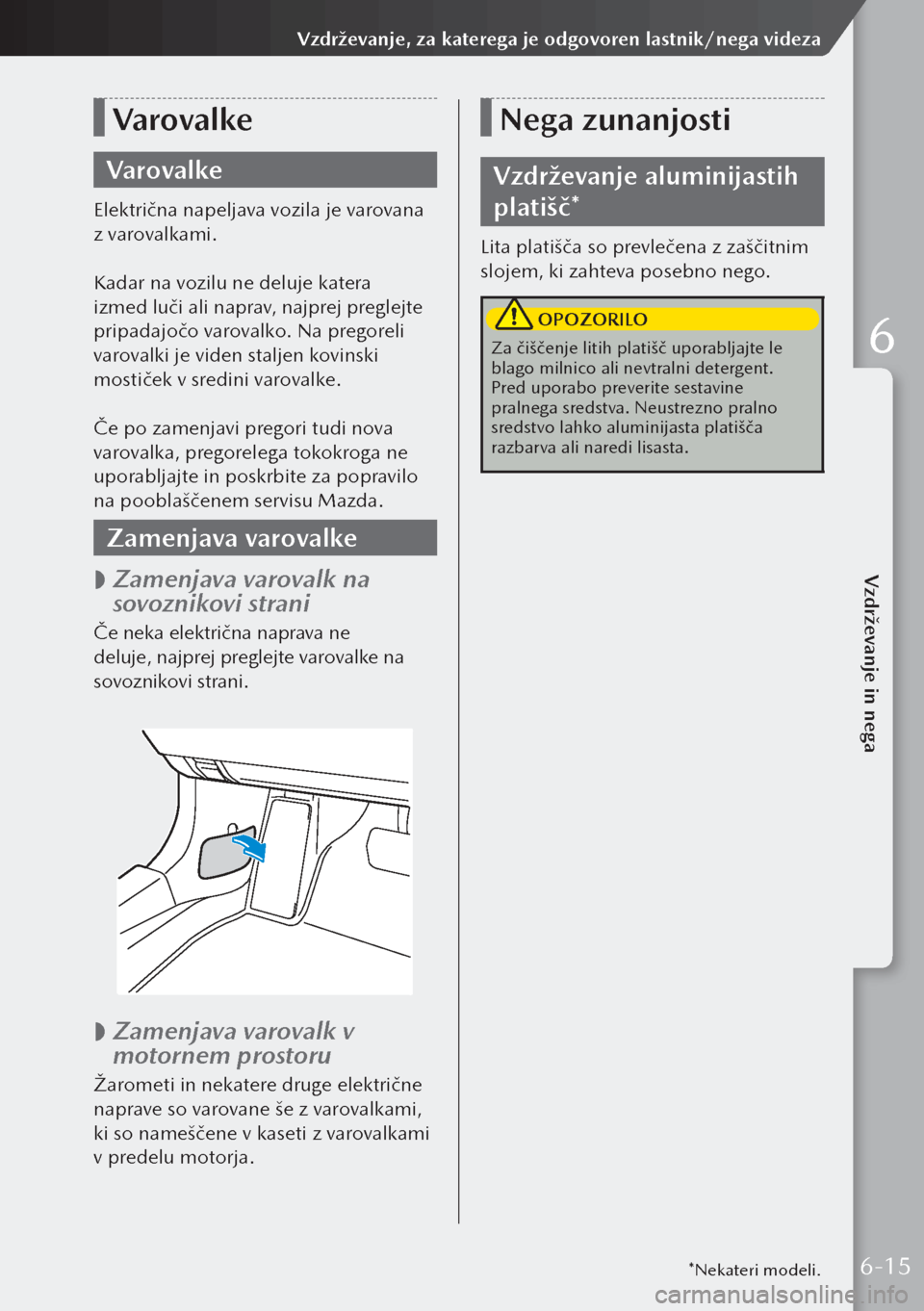 MAZDA MODEL 3 HATCHBACK 2019 Priročnik za lastnika (in Slovenian) Varovalke
Varovalke
Električna napeljava vozila je varovana
z varovalkami.
Kadar na vozilu ne deluje katera
izmed luči ali naprav, najprej preglejte
pripadajočo varovalko. Na pregoreli
varovalk MAZDA MODEL 3 HATCHBACK 2019 Priročnik za lastnika (in Slovenian) Varovalke
Varovalke
Električna napeljava vozila je varovana
z varovalkami.
Kadar na vozilu ne deluje katera
izmed luči ali naprav, najprej preglejte
pripadajočo varovalko. Na pregoreli
varovalk
