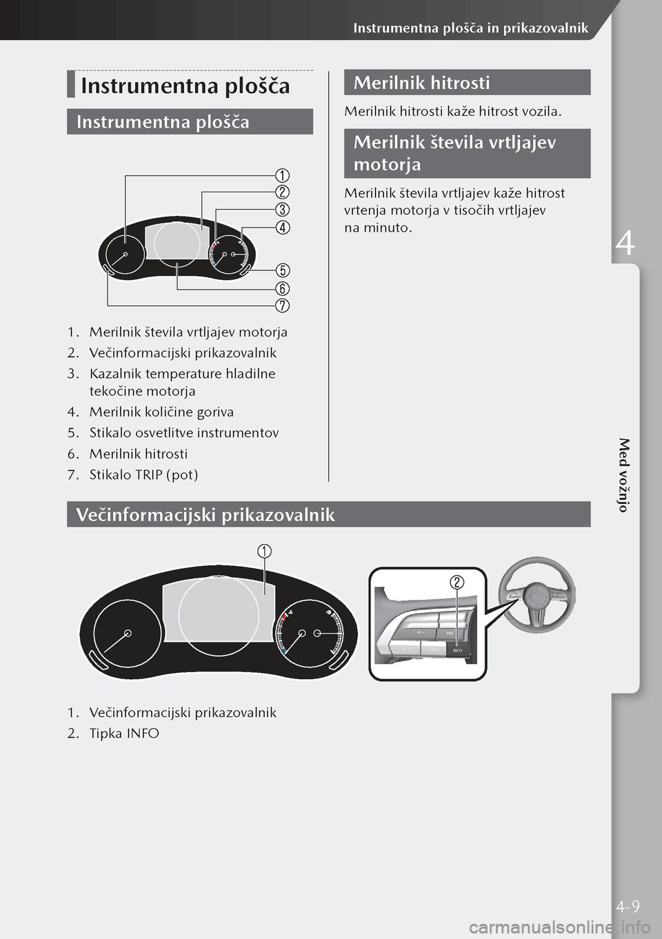 MAZDA MODEL 3 HATCHBACK 2019  Priročnik za lastnika (in Slovenian) Instrumentna plošča
Instrumentna plošča
1. Merilnik števila vrtljajev motorja
2.  Večinformacijski prikazovalnik
3.  Kazalnik temperature hladilne 
tekočine motorja
4.  Merilnik količine goriv