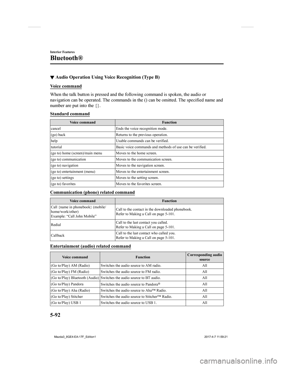 MAZDA MODEL 3 HATCHBACK 2018  Owners Manual (in English) ▼Audio Operation Using Voice Recognition (Type B)
Voice command
When the talk button is pressed and the following command is sp
oken, the audio or
navigation can be operated. The commands in the () 