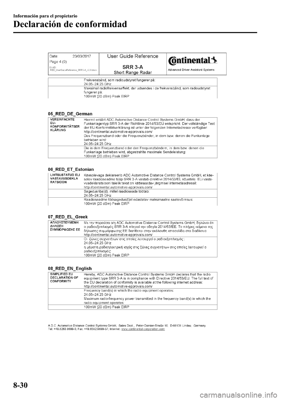 MAZDA MODEL 3 HATCHBACK 2018  Manual del propietario (in Spanish)  �,�Q�I�R�U�P�D�F�L�y�Q��S�D�U�D��H�O��S�U�R�S�L�H�W�D�U�L�R
��H�F�O�D�U�D�F�L�y�Q��G�H��F�R�Q�I�R�U�P�L�G�D�G
���� 