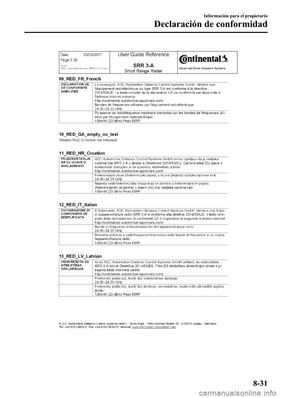 MAZDA MODEL 3 HATCHBACK 2018  Manual del propietario (in Spanish)  �,�Q�I�R�U�P�D�F�L�y�Q��S�D�U�D��H�O��S�U�R�S�L�H�W�D�U�L�R
��H�F�O�D�U�D�F�L�y�Q��G�H��F�R�Q�I�R�U�P�L�G�D�G
���� 