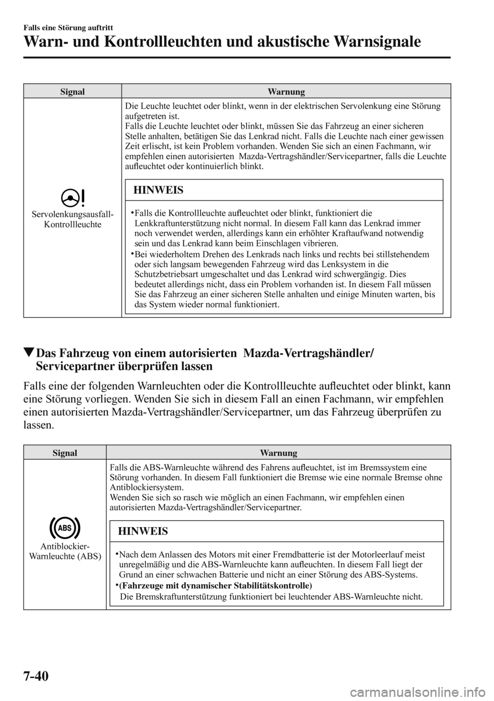 MAZDA MODEL 3 HATCHBACK 2016  Betriebsanleitung (in German) 7–40
Falls eine Störung auftritt
Warn- und Kontrollleuchten und akustische Warnsignale
 Signal   Warnung 
 
 
 Servolenkungsausfall-
Kontrollleuchte  Die Leuchte leuchtet oder blinkt, wenn in der e