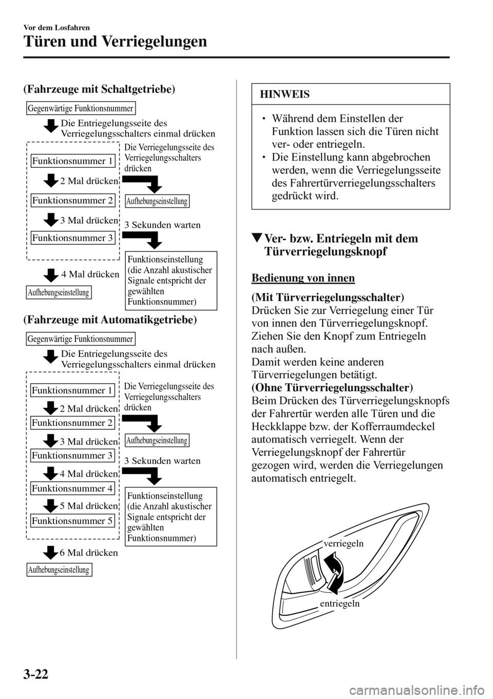 MAZDA MODEL 3 HATCHBACK 2016 Betriebsanleitung (in German) 3–22
Vor dem Losfahren
Türen und Verriegelungen
(Fahrzeuge mit Schaltgetriebe)
2 Mal drücken
3 Mal drücken
Gegenwärtige Funktionsnummer
Funktionsnummer 1
Funktionsnummer 2
Funktionsnummer MAZDA MODEL 3 HATCHBACK 2016 Betriebsanleitung (in German) 3–22
Vor dem Losfahren
Türen und Verriegelungen
(Fahrzeuge mit Schaltgetriebe)
2 Mal drücken
3 Mal drücken
Gegenwärtige Funktionsnummer
Funktionsnummer 1
Funktionsnummer 2
Funktionsnummer