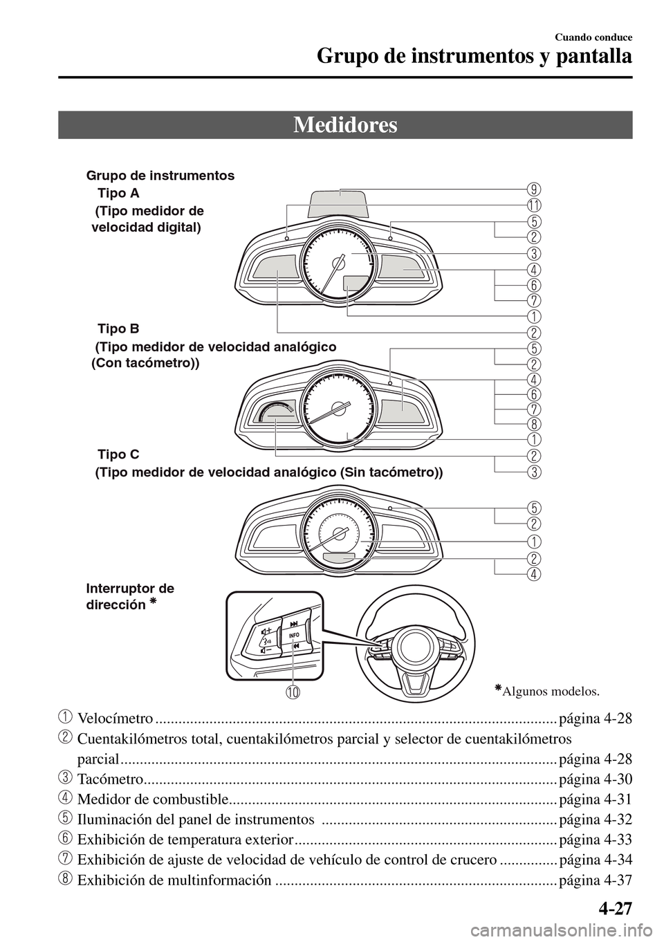 MAZDA MODEL 3 HATCHBACK 2016 Manual del propietario (in Spanish) 4–27
Cuando conduce
Grupo de instrumentos y pantalla
M e d i d o r e s
Tipo A
Tipo B
Tipo C
Interruptor de
dirección (Tipo medidor de
velocidad digital)
(Tipo medidor de velocida MAZDA MODEL 3 HATCHBACK 2016 Manual del propietario (in Spanish) 4–27
Cuando conduce
Grupo de instrumentos y pantalla
M e d i d o r e s
Tipo A
Tipo B
Tipo C
Interruptor de
dirección (Tipo medidor de
velocidad digital)
(Tipo medidor de velocida